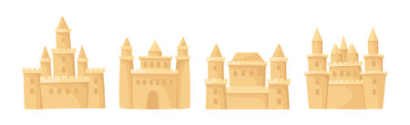 Built Sand Castle with Towers and Castellation Wall Vector Setのイラスト素材