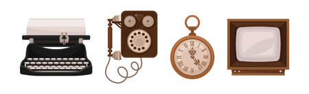 Retro Electronic Device with Telephone, Clock, Television and Typewriter Vector Setのイラスト素材