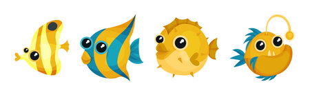 Cute Striped Fish and Blowfish as Sea Animal Floating Underwater Vector Setのイラスト素材