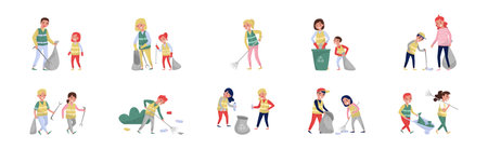 People with Kids Volunteers Cleaning Picking Garbage and Plastic Bottles Vector Setのイラスト素材