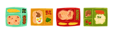 Meal Tray for Kids with Fresh Appetizing Food in Different Section Above View Vector Setのイラスト素材