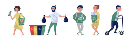 Eco-friendly Lifestyle with People Characters Save Planet and Earth Vector Setのイラスト素材