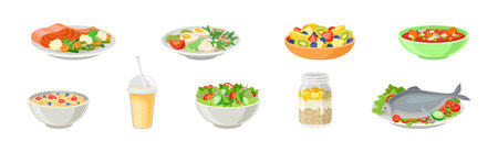 Oatmeal Jar, Salad Bowl, Soup, Fish, Juice and Porridge as Tasty Meal Vector Setのイラスト素材