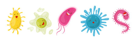 Cute Toothy Germs and Bacteria or Microbes Vector Setのイラスト素材
