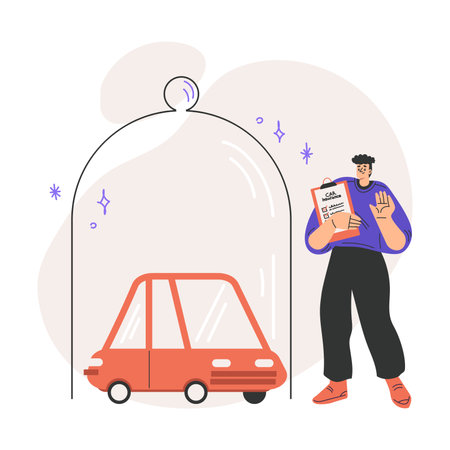 Car Insurance with Happy Man Character Near Red Automobile Under Glass Cover Vector Illustrationのイラスト素材
