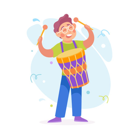Man Character Dressed in Carnival and Party Outfit Beat Drum Vector Illustrationのイラスト素材