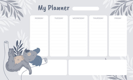 Planner with Grey Koala Animal with Eucalyptus Branch Vector Templateのイラスト素材