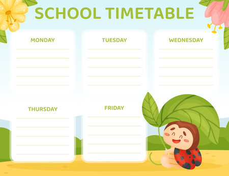 School Timetable with Cute Ladybird with Spotted Wings Vector Templateのイラスト素材