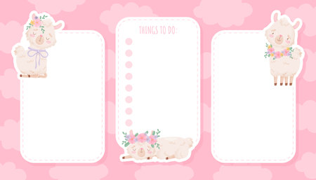 Empty Card with Cute Fluffy Llama or Alpaca Character Vector Templateのイラスト素材