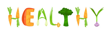 Veggie English Healthy Word with Alphabet Letters Made from Fresh Fruit and Vegetables Vector Setのイラスト素材
