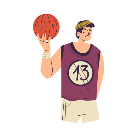 Happy Man Character Playing Basketball Enjoying His Hobby Vector Illustrationのイラスト素材