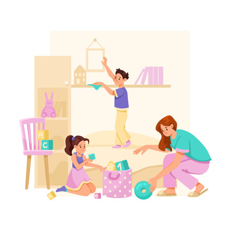 House Cleaning with Young Woman Mother and Kids Gather Toys and Dusting Vector Illustrationのイラスト素材