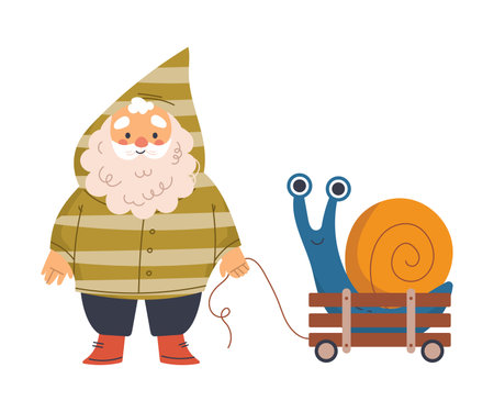 Funny Gnome Character with Beard with Trolley and Snail in It Vector Illustrationのイラスト素材