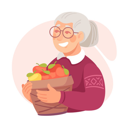 Harvesting Senior Woman Character in Hat Holding Basket with Ripe Apples Vector Illustrationのイラスト素材