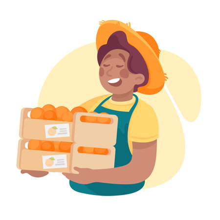 Harvesting Man Character in Hat Holding Crate with Oranges Vector Illustrationのイラスト素材