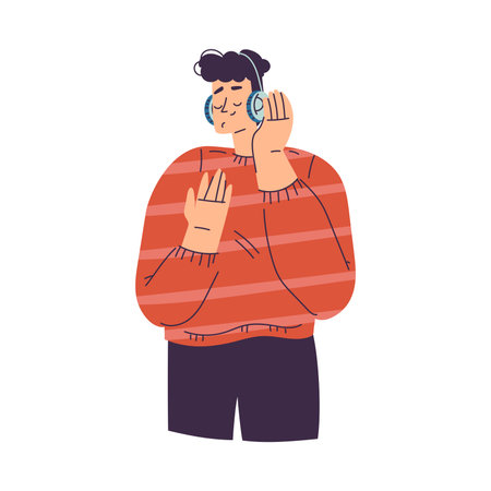 Happy Man Character Listening to Music with Headphone Enjoying His Hobby Vector Illustrationのイラスト素材