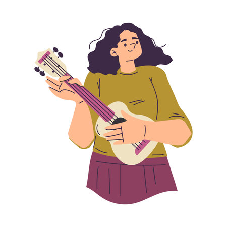 Happy Woman Character Playing Ukulele Enjoying Her Hobby Vector Illustrationのイラスト素材