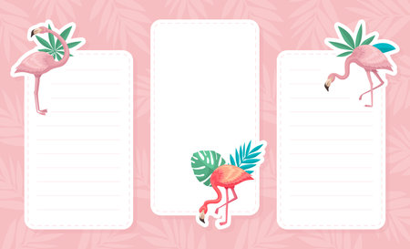 Empty Note Card with Flamingo Bird and Tropical Leaf Vector Templateのイラスト素材