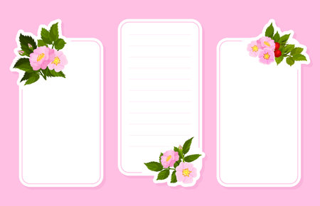 Empty Note Card with Dogrose Flower Pink Buds Vector Templateのイラスト素材