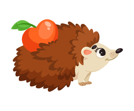 Cute Prickly Hedgehog Carry Apple as Forest Animal Vector Illustrationのイラスト素材