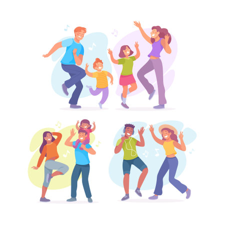 Happy Family and People Dancing Together with Kid Vector Setのイラスト素材