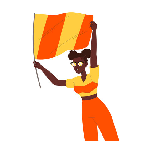 African American Woman Fan Character with Red Orange Flag Cheering for Sport Team Vector Illustrationのイラスト素材