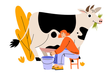Happy Woman Farmer Character Milking Cow Vector Illustrationのイラスト素材