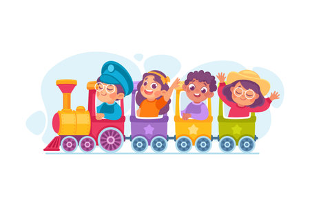Entertainment with Little Boy and Girl in Amusement Park Riding Train Carousel Vector Illustrationのイラスト素材
