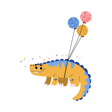 Cute Dinosaur at Birthday Party Flying with Bunch of Balloons Vector Illustrationのイラスト素材