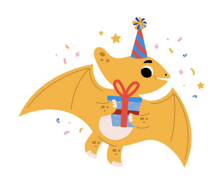Cute Pterodactyl Dinosaur at Birthday Party with Gift Box Vector Illustrationのイラスト素材