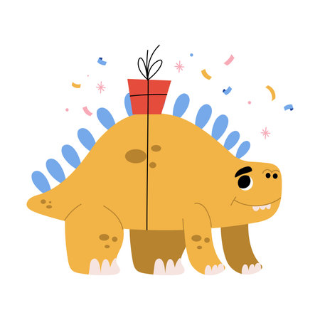 Cute Dinosaur at Birthday Party with Gift Box Vector Illustrationのイラスト素材
