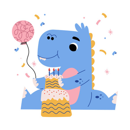 Cute Blue Dinosaur at Birthday Party with Balloon and Cake Vector Illustrationのイラスト素材