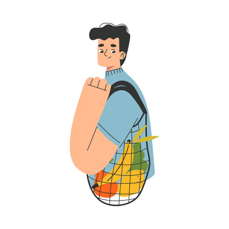 Eco-friendly Lifestyle with Man Character Use Reusable Shopping Bag Vector Illustrationのイラスト素材