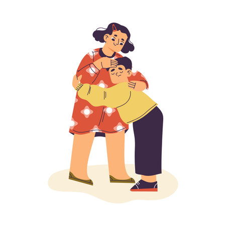 Little Girl Embrace Boy Supporting and Comforting Sad Friend Vector Illustrationのイラスト素材