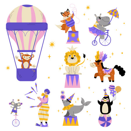 Circus Animals and Clown Performing Tricks and Juggling Vector Setのイラスト素材