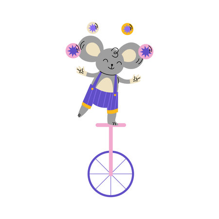 Circus Grey Mouse Animal Ride Unicycle and Juggling Balls Vector Illustrationのイラスト素材