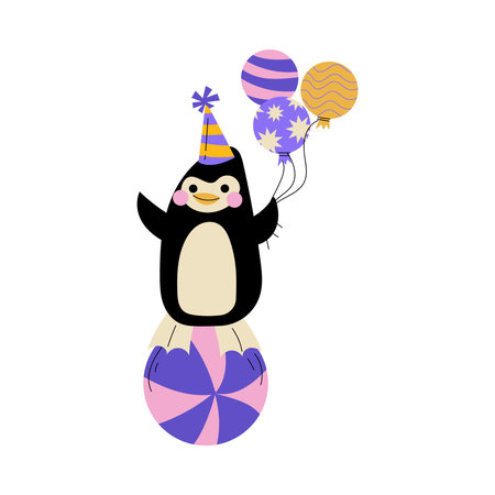 Circus Penguin Animal Stand on Ball with Bunch of Balloons Vector Illustrationのイラスト素材