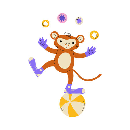 Circus Monkey Animal Balancing on Ball and Juggling Vector Illustrationのイラスト素材