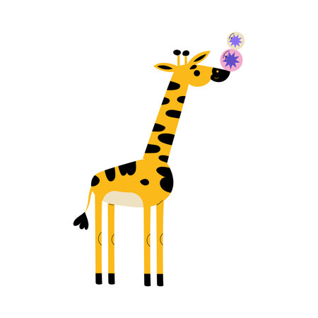 Circus Giraffe Animal Standing and Balancing Balls Vector Illustrationのイラスト素材