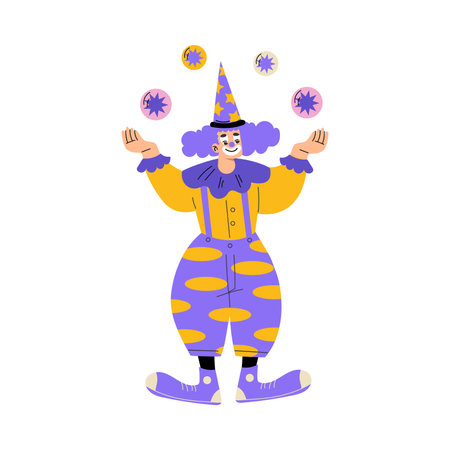 Man Clown in Flamboyant Costume Juggling Balls as Circus Artist Character Vector Illustrationのイラスト素材