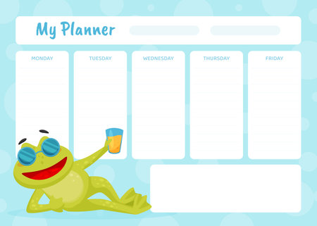 Planner with Cute Green Leaping Frog Character Vector Templateのイラスト素材