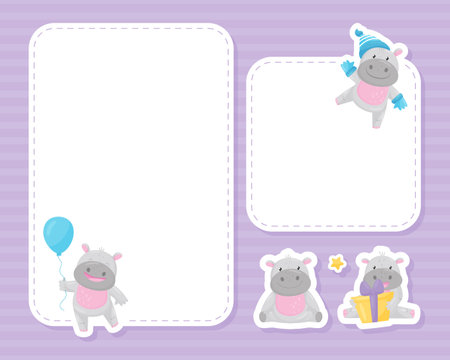 Card with Cute Hippo Character Having Fun and Smiling Vector Templateのイラスト素材