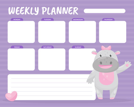 Weekly Planner with Cute Hippo Character Greeting and Smiling Vector Templateのイラスト素材
