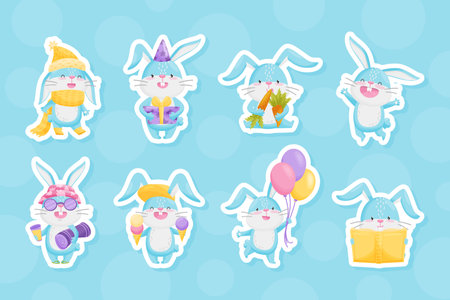 Funny Cartoon Rabbit Engaged in Different Activity Vector Sticker Setのイラスト素材