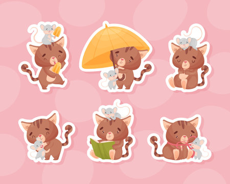 Cute Friendly Cat and Mouse Together Vector Sticker Setのイラスト素材