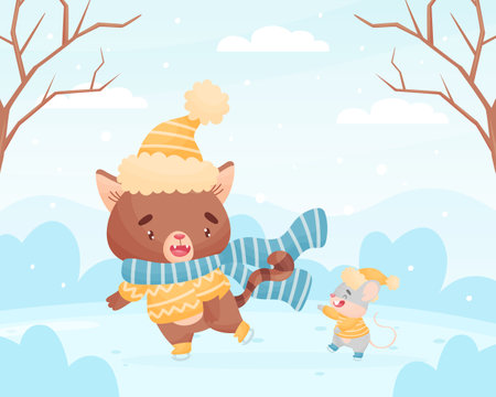 Cute Friendly Cat and Mouse Ice Skating Together Vector Illustrationのイラスト素材