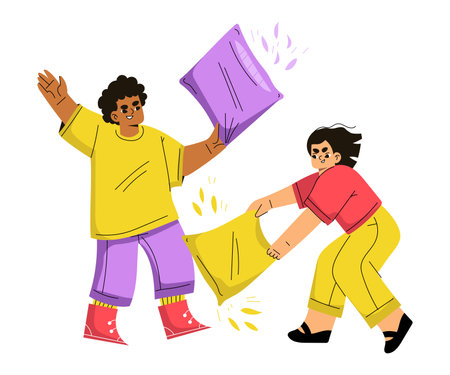Children Hooligan with Bad Behavior Fighting with Pillow Vector Illustrationのイラスト素材