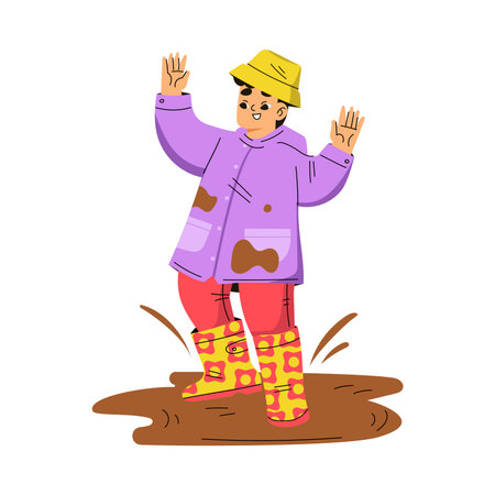 Boy Hooligan with Bad Behavior Splashing in Dirty Puddle Vector Illustrationのイラスト素材