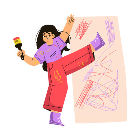 Girl Hooligan with Bad Behavior Painting on Wall with Brush Vector Illustrationのイラスト素材