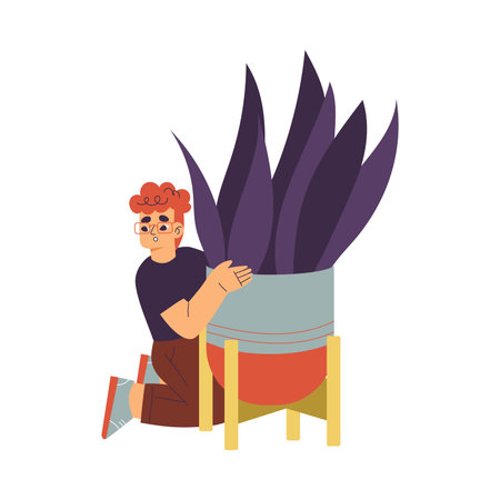 Little Boy Playing Hide and Seek Game Sitting Behind Houseplant Vector Illustrationのイラスト素材